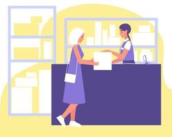 Point of delivery parcels, clerk gives package to woman, great design for any purposes vector