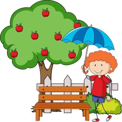 Doodle cartoon character a girl holding an umbrella with apple tree