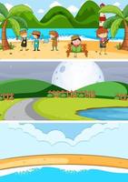 Set of different horizon scenes background with doodle kids cartoon character vector