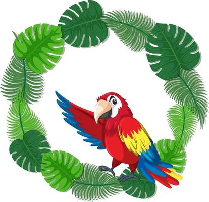 Round green leaves banner template with a parrot bird