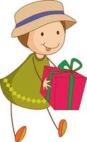 A doodle kid holding a gift box cartoon character isolated vector