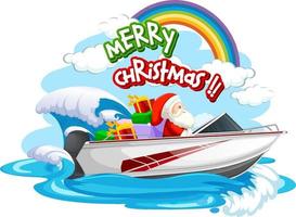 Merry Christmas font with Santa Claus in speed boat with many gifts vector