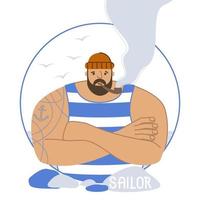 Sailor with a tattoo in a striped T-shirt and with a pipe vector