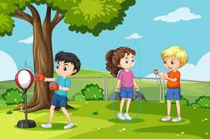 Outdoor scene with many children doing different activities vector