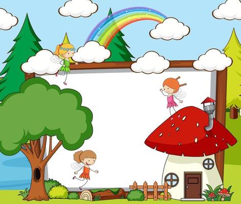 Blank banner in the forest scene with fairy tales cartoon character and elements