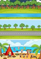 Conjunto de fondo de diferentes escenas horizontales con personaje de dibujos animados de niños doodle vector