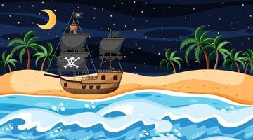 Ocean with Pirate ship at night scene in cartoon style vector