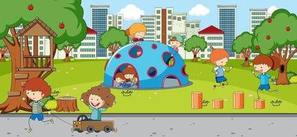 Outdoor scene with many kids playing in the park vector