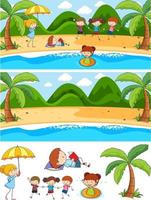 Set of different horizontal scenes background with doodle kids isolated vector