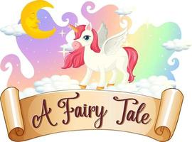 A Fairy Tale font with unicorn cartoon character standing on a cloud vector