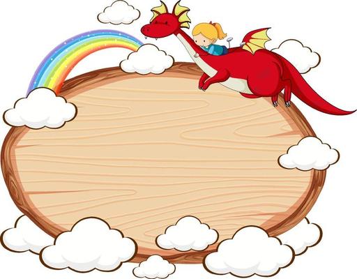 Empty wooden banner with fairy tale cartoon character and elements isolated