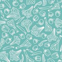 Seamless pattern of vegetables drawn by a white line on an aquamarine background vector