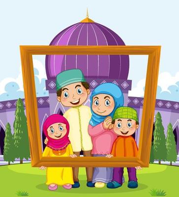 Happy family holding photo frame with mosque on the background