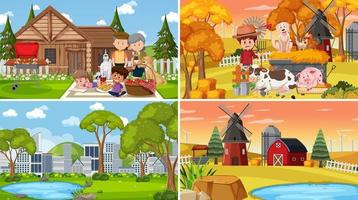 Set of different nature scenes background with people vector