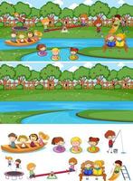 Conjunto de fondo de diferentes escenas horizontales con personaje de dibujos animados de niños doodle vector