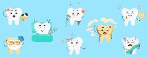 lindos personajes de dientes en estilo plano. conjunto de dientes enfermos de dibujos animados con caries, dolor por dulces, hipersensibilidad. ilustración vectorial para niños en odontología vector