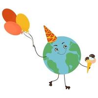 lindo planeta tierra está celebrando su cumpleaños. personaje feliz en patines con globos y helado en sus manos. ilustración vectorial plana para pancarta o póster del día mundial del medio ambiente vector