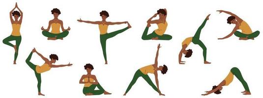 Yoga poses set. Collection of young african american woman demonstrating various doing asanas positions from insomnia and for relaxing. Isolated flat vector illustration