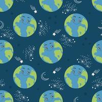 Seamless pattern cartoon Earth planet. Happy globe character in space. Vector illustration for textile print, wrapping paper and wallpaper