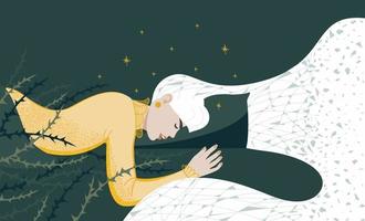 The young woman does not sleep well, is restless. Bad dreams, night pain. Flat vector illustration