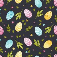 Easter seamless pattern with eggs and spring elements. Vector illustration for wallpaper, wrapping paper, postcards