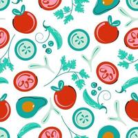 Seamless vegetable pattern. Vegetarian background with tomatoes, cucumbers, avocado and green peas. Flat vector illustration