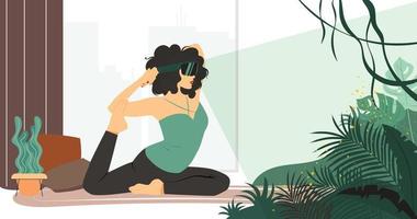 Woman practice yoga at home in vr glasses and watch at the jungle. Go in for sports in nature on self-isolation with virtual reality glasses. Flat vector illustration