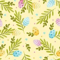 Easter seamless pattern with vector eggs and spring greens. For cover, wrapping paper, fabric