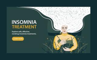 Landing page for a website for the treatment of insomnia. A young woman does not sleep well, without rest and in constant stress. Flat vector illustration