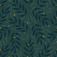 Seamless nature pattern with green leaves and yellow stars or fireflies. Flat vector illustration