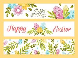 Easter set of horizontal banners with colorful ornate eggs and spring flowers, lush greenery. Flat vector illustration