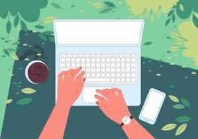 Freelancer with a laptop working while lying in the spring park. First person view. Male hands are typing on the keyboard. Top view. Vector illustration.