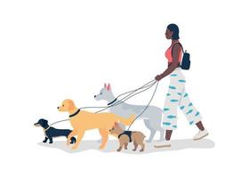 niña afroamericana paseando perros con correas color plano vector de carácter detallado