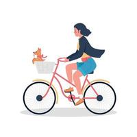 Mujer montando en bicicleta con cachorro en la canasta de color plano vector de carácter detallado