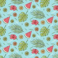 Seamless pattern of summer vibes items. Repeated ornament of tropical leaves, watermelon and citrus fruits. Vector colorful hand drawn illustration for wrapping paper, wallpaper, textile and fabric