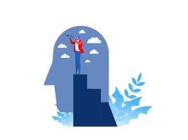 Business vision with person looking for opportunities in spyglass standing on top peak of human head, business concept vector illustration.