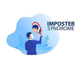 Imposter syndrome. Businessman holding a mirror with fear shadow behind. Anxiety and lack of self confidence at work, the person fakes is someone else concept