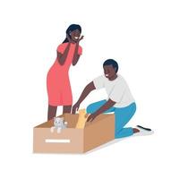 feliz pareja afroamericana encuentra gatos sin hogar color plano vector caracteres detallados