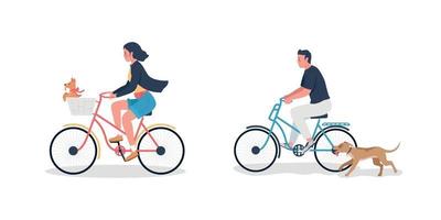 Hombre y mujer caucásicos en bicicleta con perros conjunto de caracteres detallados de vector de color plano