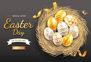 Happy easter day gold and white easter eggs with different patterns and textures in egg nest. Vector illustrations.