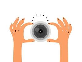 hand holding camera lens in Flat style vector