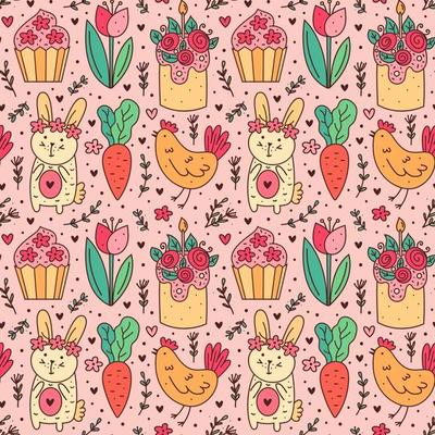 Happy Easter holiday doodle line art. Rabbit, bunny, cupcake, cake, chicken, hen, flower, carrot. Seamless pattern, texture, background. Packaging design.