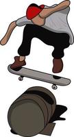 skater de personaje plano saltando un barril vector