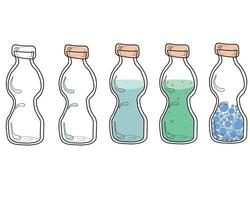 A glass, plastic bottles with a magic potion. A magic potion. Elixir. Flat vector illustration. Empty bottle. Magic bottle. Alchemy