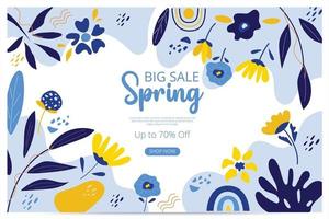 Banner de primavera de gran venta con flor en flor. banner de venta. ilustración vectorial. dibujado a mano. diseño de flores orgánicas.
