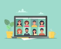 Video conference and communication of people for training and work issues. Teamwork remotely online. Vector illustration in flat style.