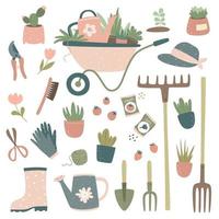 Collection of gardening tools and items, cart, watering can, pitchfork, rake, potted flowers, gardening gloves, pruner, scissors, seeds. Gardening design. vector