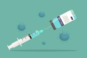 Syringe vaccination concept in ampoule surrounded by bacteria and germs. Vector illustration in flat style. Medicine.