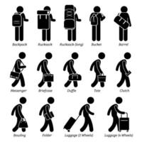 tipo de hombre bolsas masculinas e iconos de pictogramas de figura de palo de equipaje. vector