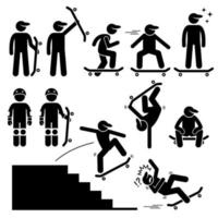 Skateboarder Skating on Skateboard Stick Figure Pictogram Icons. vector